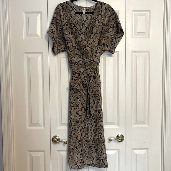 L Tyche Taupe Snake Print Midi Wrap Dress - Picture 2 of 6